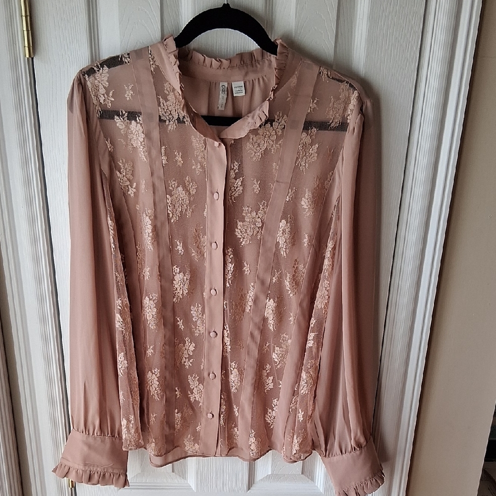 Cato Lace-Front Semi Sheer Long Sleeve Blouse - Dusty Rose, Blush Pink 18W/20W